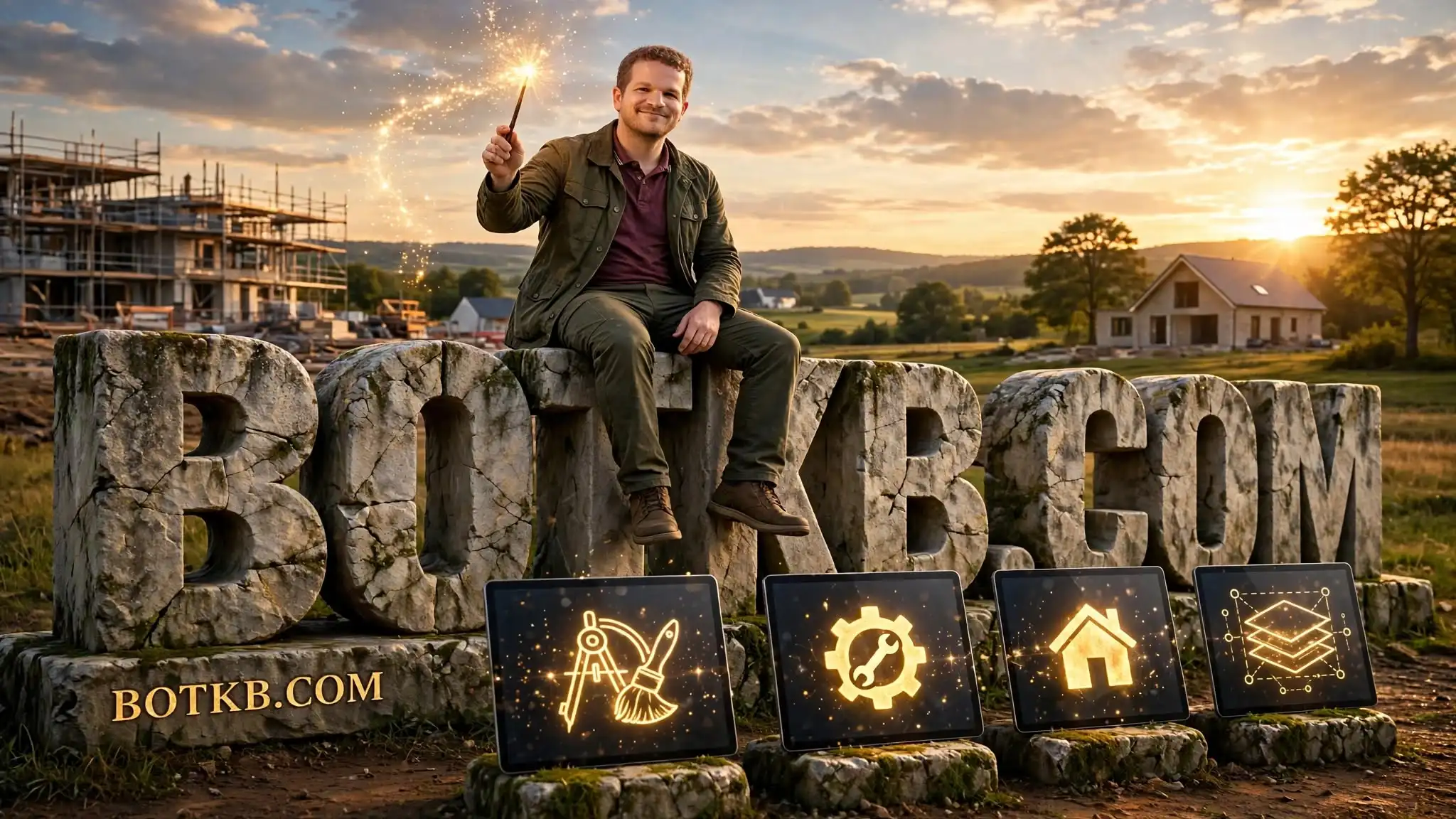 Giant stone letters spelling BOTKB.COM with a person sitting on top, holding a glowing wand. In front, four glowing stone tablets show icons for Build, Engineering, Homes and Plans. Behind them, a building under scaffolding on one side and a finished home at sunset on the other.