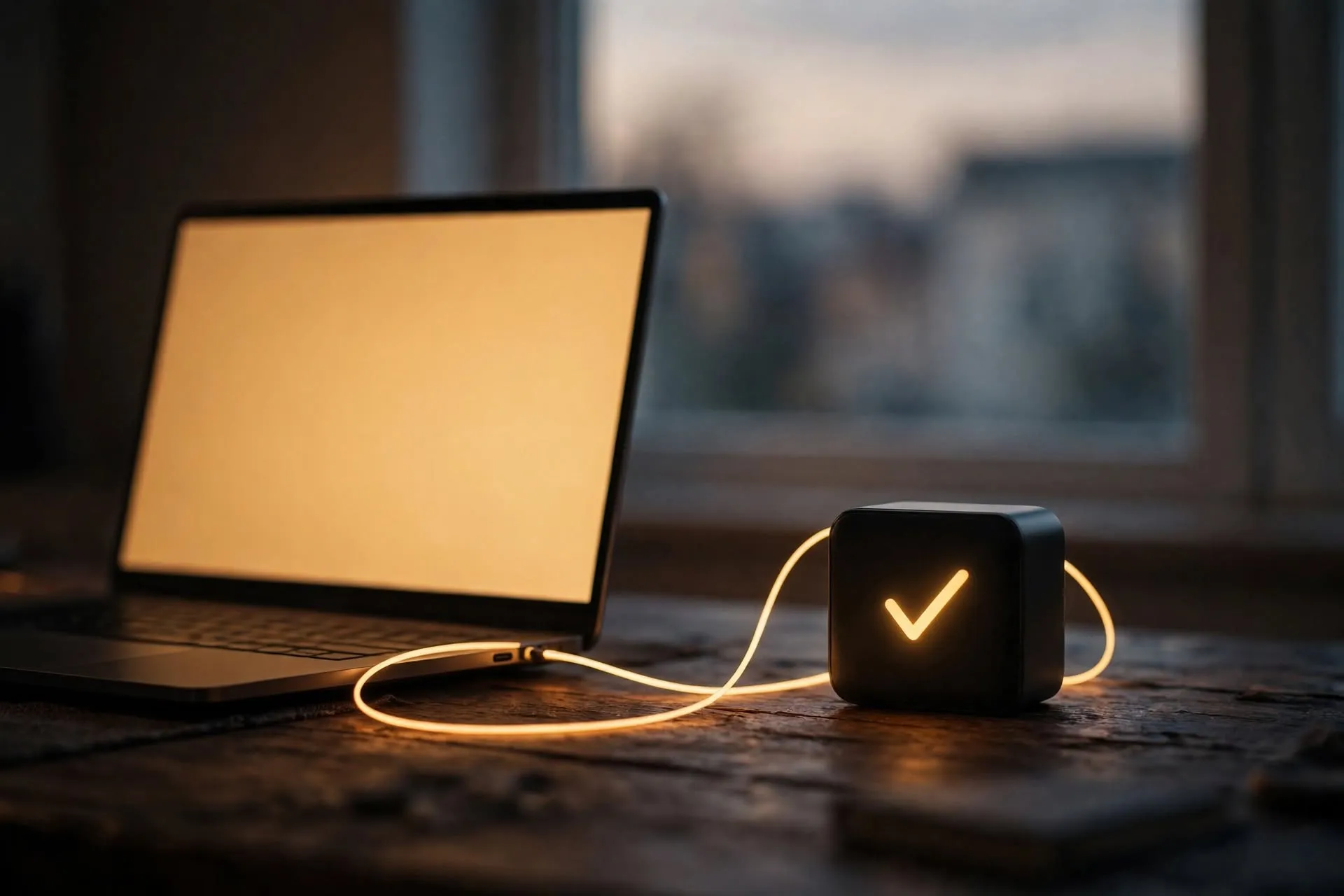 A laptop with a blank glowing screen joined by a thin glowing cable to a small dark box that shows a glowing tick.