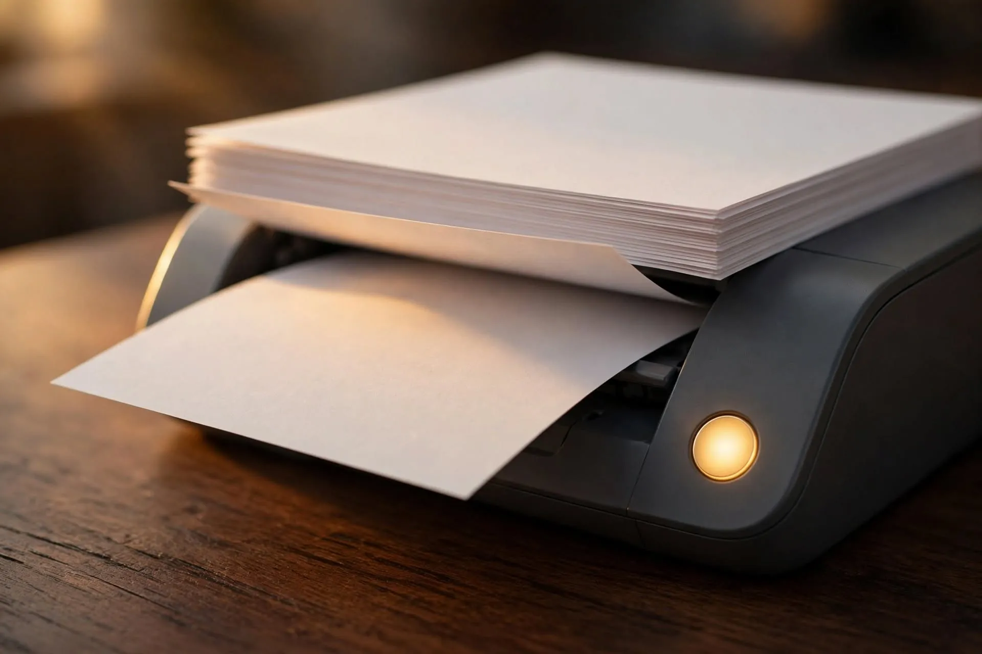 Blank sheets of paper going into the feeder of a document scanner, with one large round button glowing softly beside it.