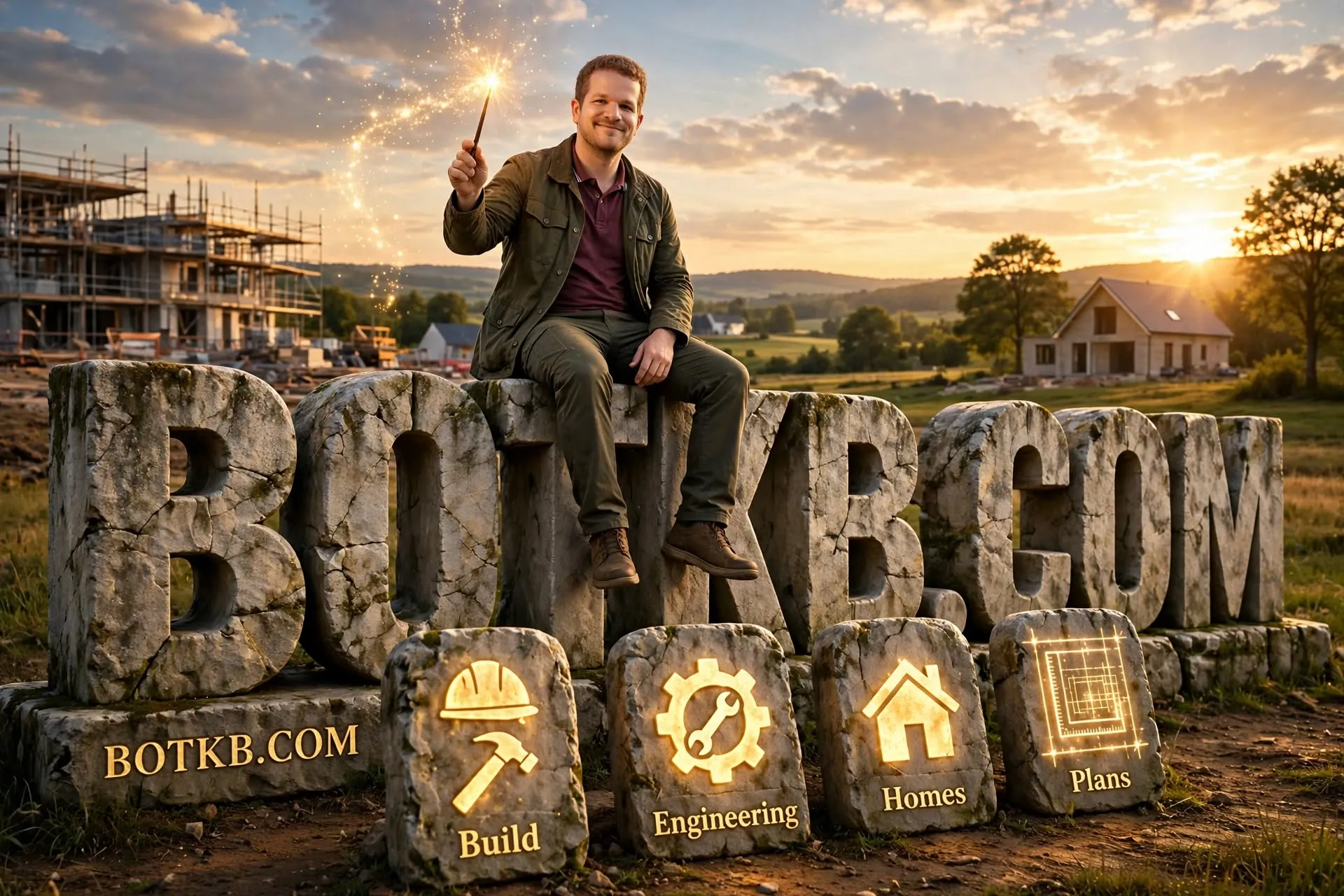 The main picture of BotKB: a person sitting on large stone letters that spell the site's address, with four glowing icon stones in front, at sunset.