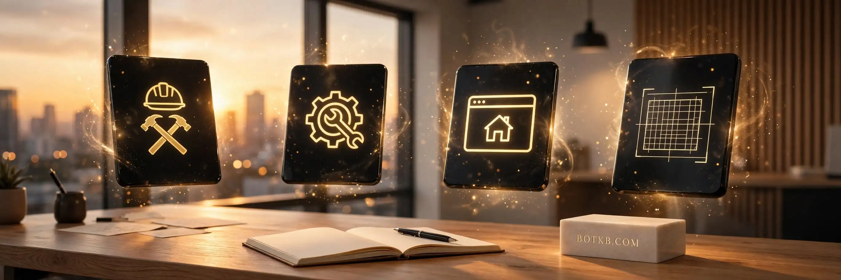 Four glowing tablets with the icons for build, engineering, homes and plans floating above a desk with an open notebook and a stone block that reads BOTKB.COM.