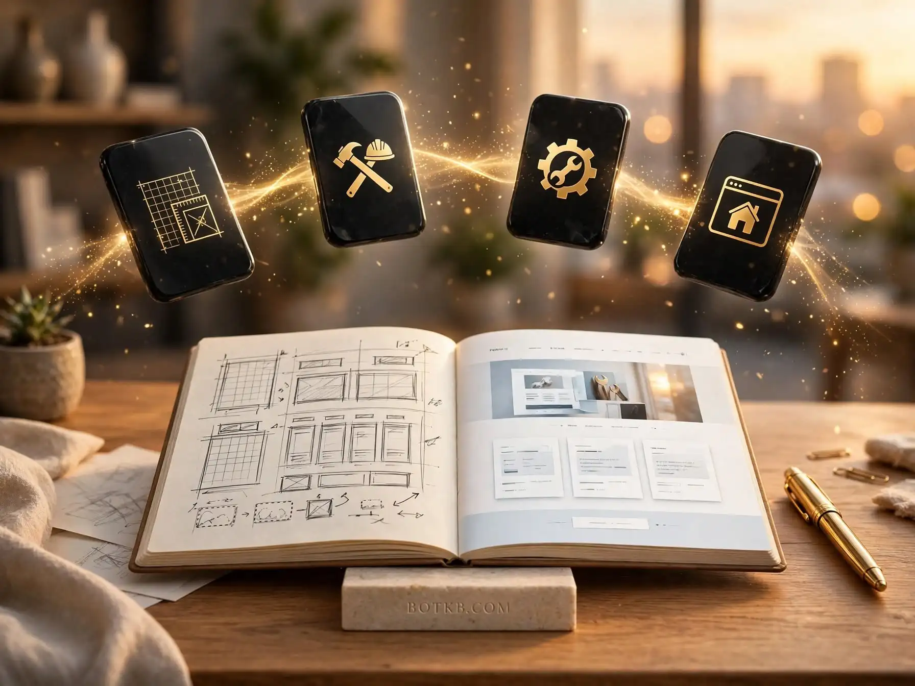 A desk at sunset with an open sketchbook of plans and a finished page beside it, under four softly glowing tablets with the icons for plans, build, engineering and homes.